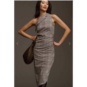 NEW Anthropologie Maeve One-Shoulder Plaid Asymmetrical Bodycon Layer Midi Dress